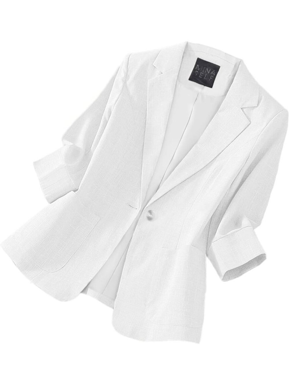 Women's White Cowl Neck 3/4 Sleeve Button Pockets Breathable Molded Linen Blazer